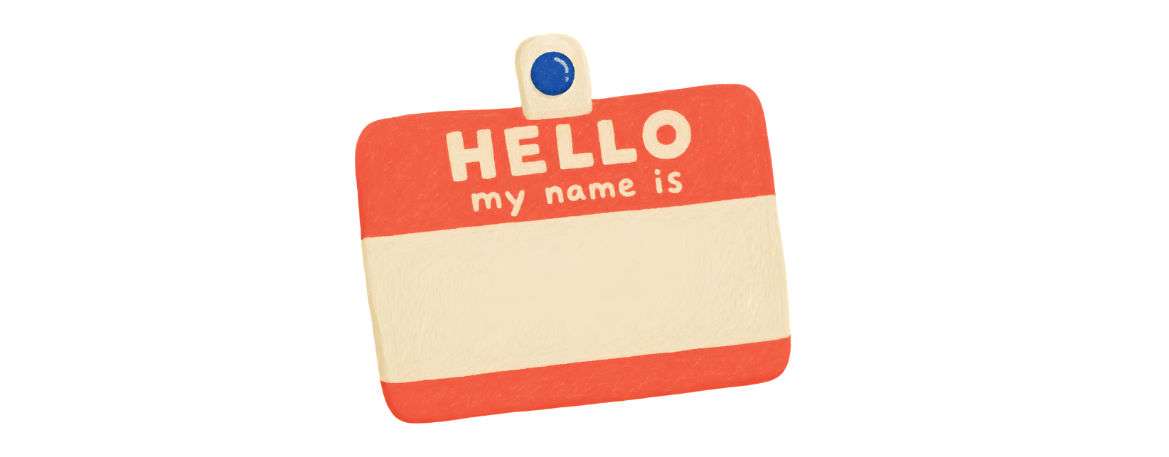 Red name tag that reads, "HELLO my name is".